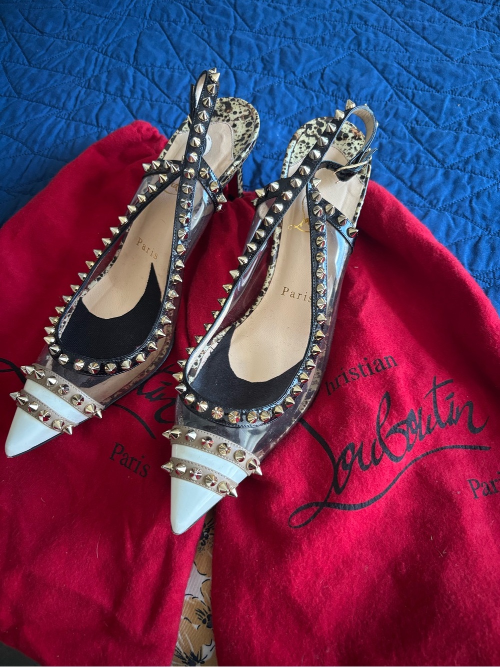 Christian Louboutin White & Clear Studded Slingback Pointed Toe Heels